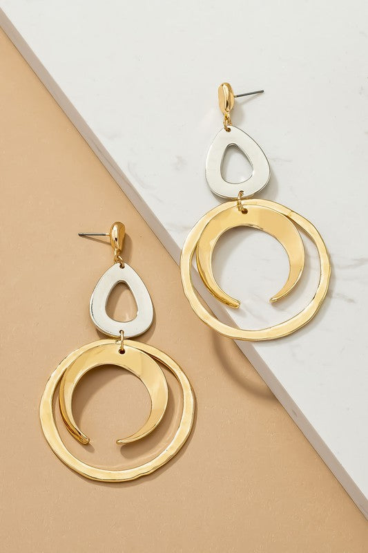 Two tone crescent and hoop drop earrings with hammered finish